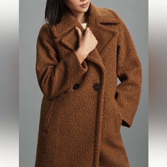 Anthropologie‎ NVLT Long Flat Bouclé Teddy Overcoat Brown Medium - Picture 1 of 7